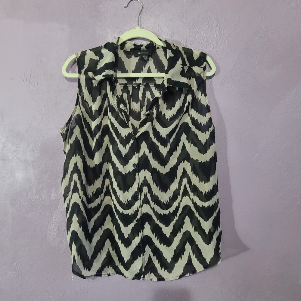 AB Studio Blouse Women XL Black Zebra Striped Sheer Sleeveless Button Down Top